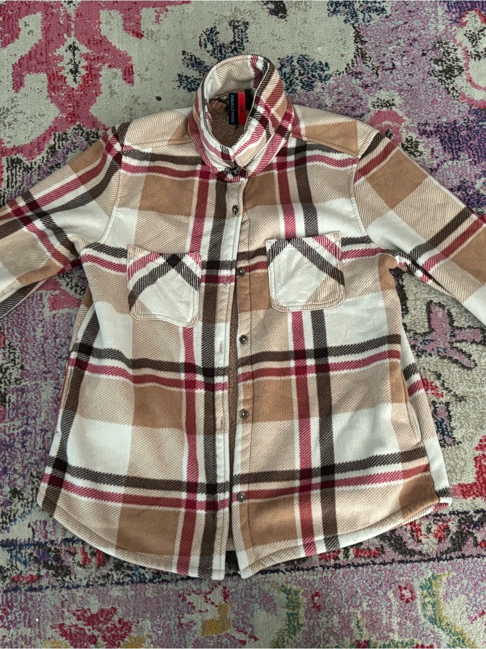 Realtree Plaid Button-Down Shirt Jacket in Cream, Tan & Red medium